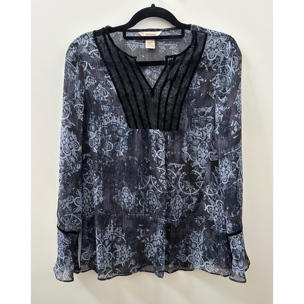 Sundance Silk Semi Sheer Blouse Velvet Trim Boho Print Top Blue Womens Size 4 - Picture 8 of 8